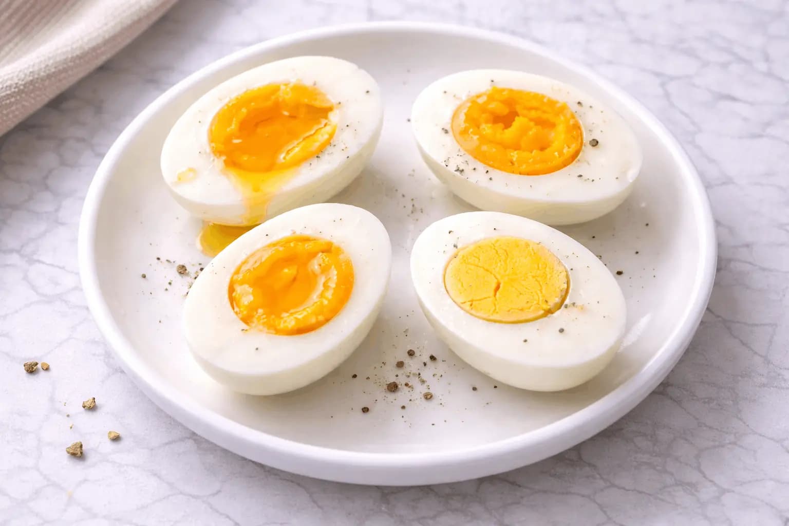 Four boiled eggs cut in half showing different doneness levels from soft-boiled to hard-boiled on white plate