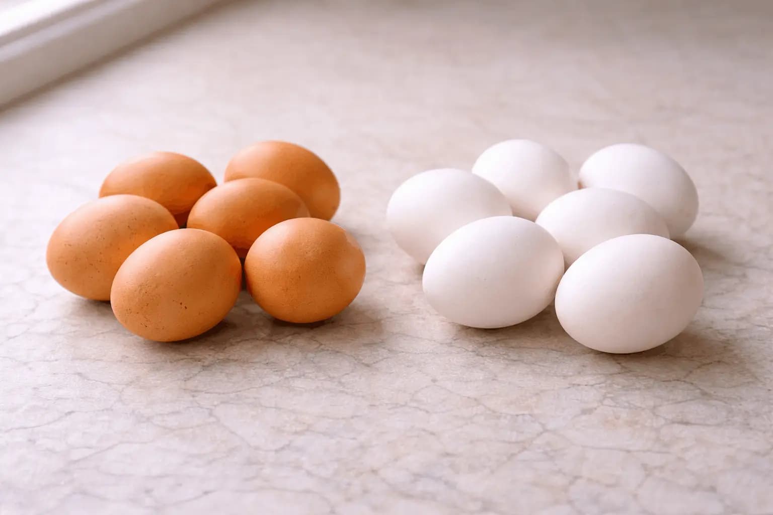 Brown eggs and white eggs placed side by side on a kitchen surface