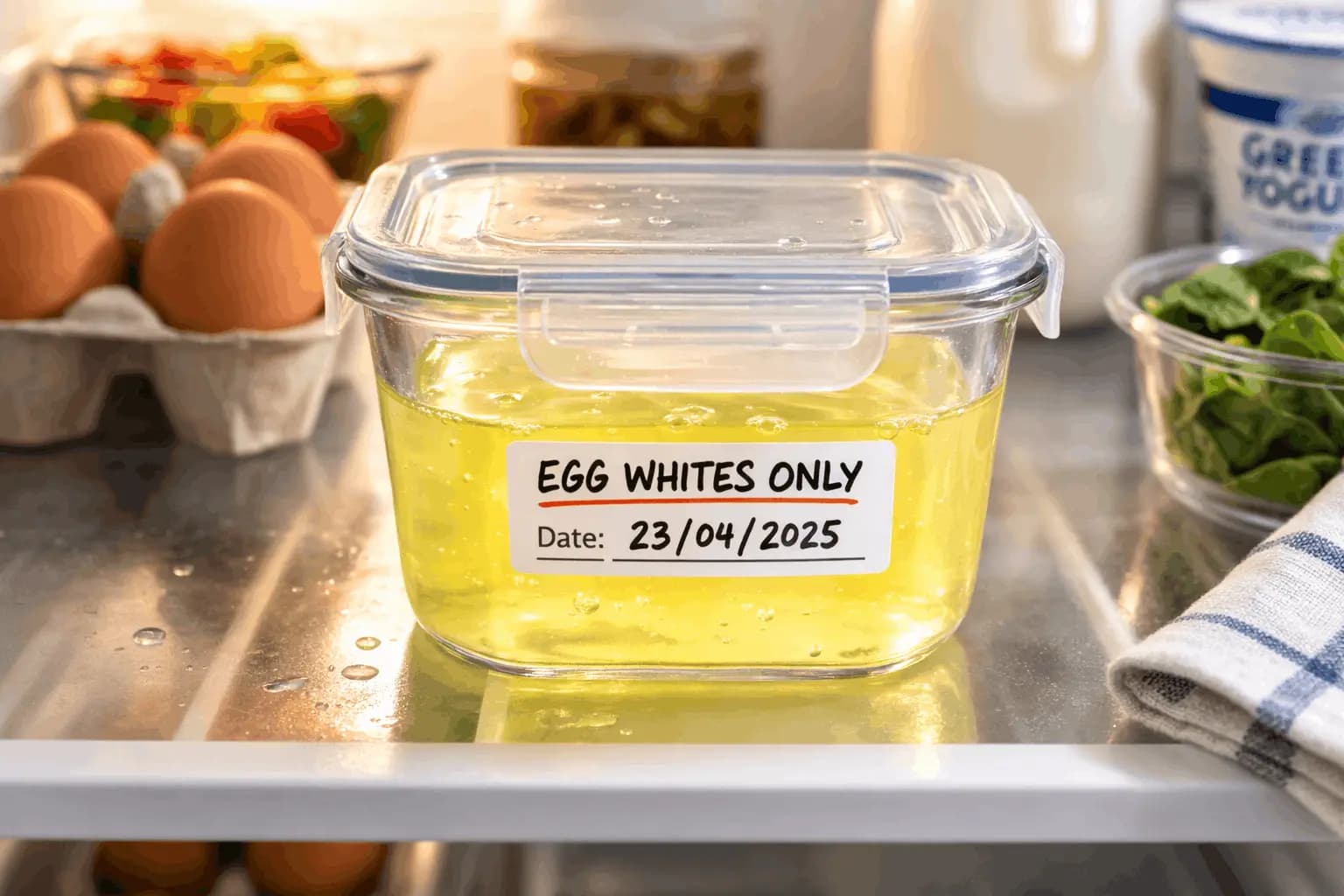 Separated egg whites stored properly in clear glass container in refrigerator for food safety