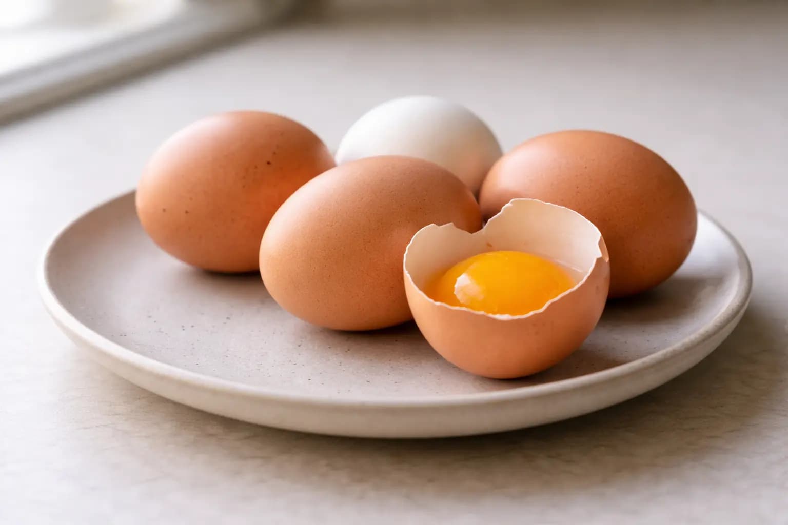 Whole eggs with one cracked egg showing the yolk on a kitchen counter
