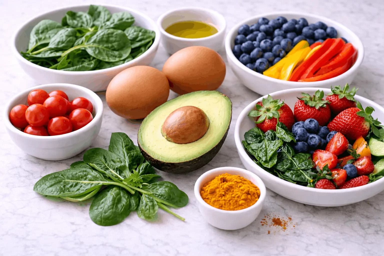 Eggs with anti-inflammatory foods including vegetables, olive oil, and berries, representing balanced healthy eating