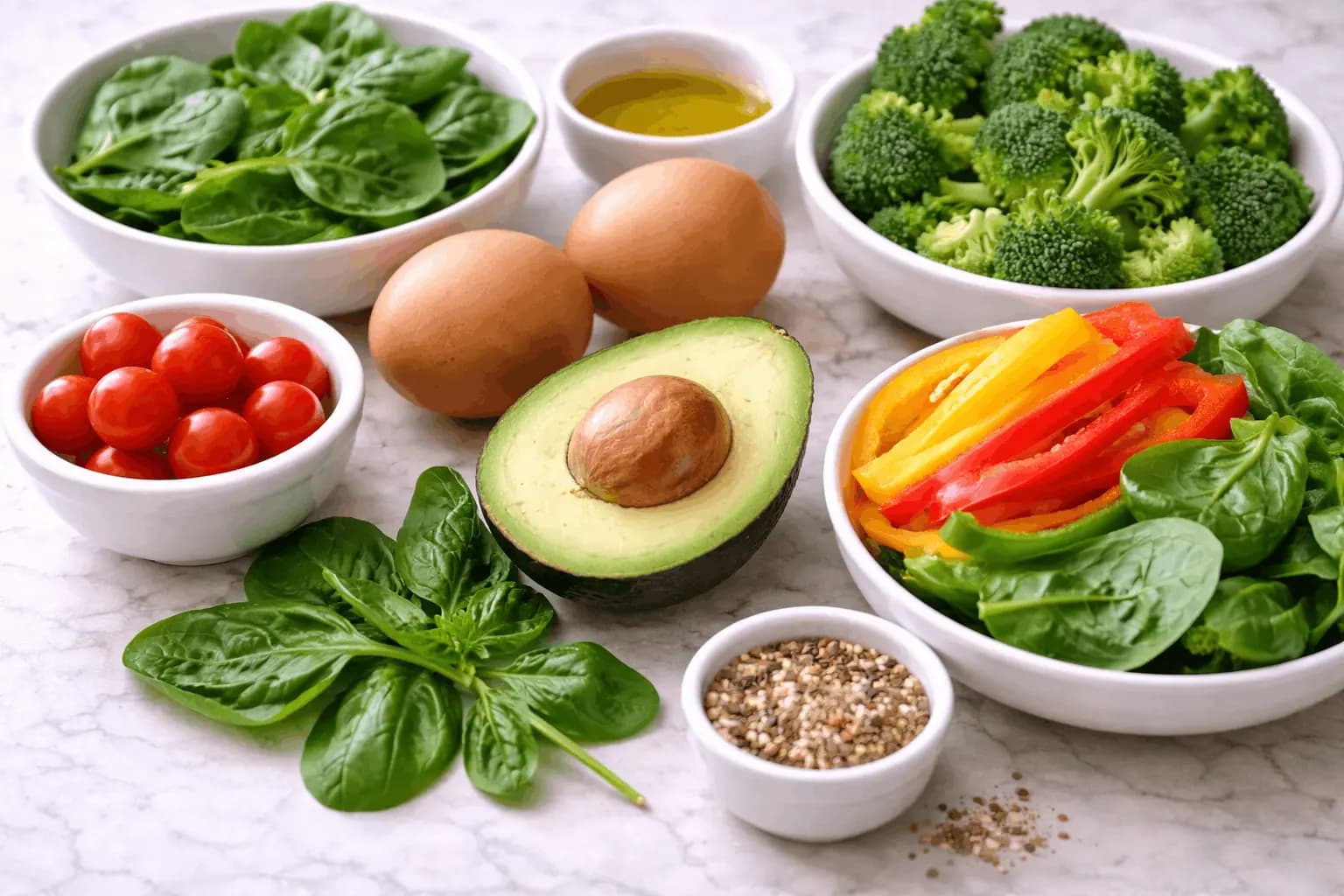Eggs with diabetes-friendly low-carb vegetables including spinach, peppers and tomatoes for blood sugar control