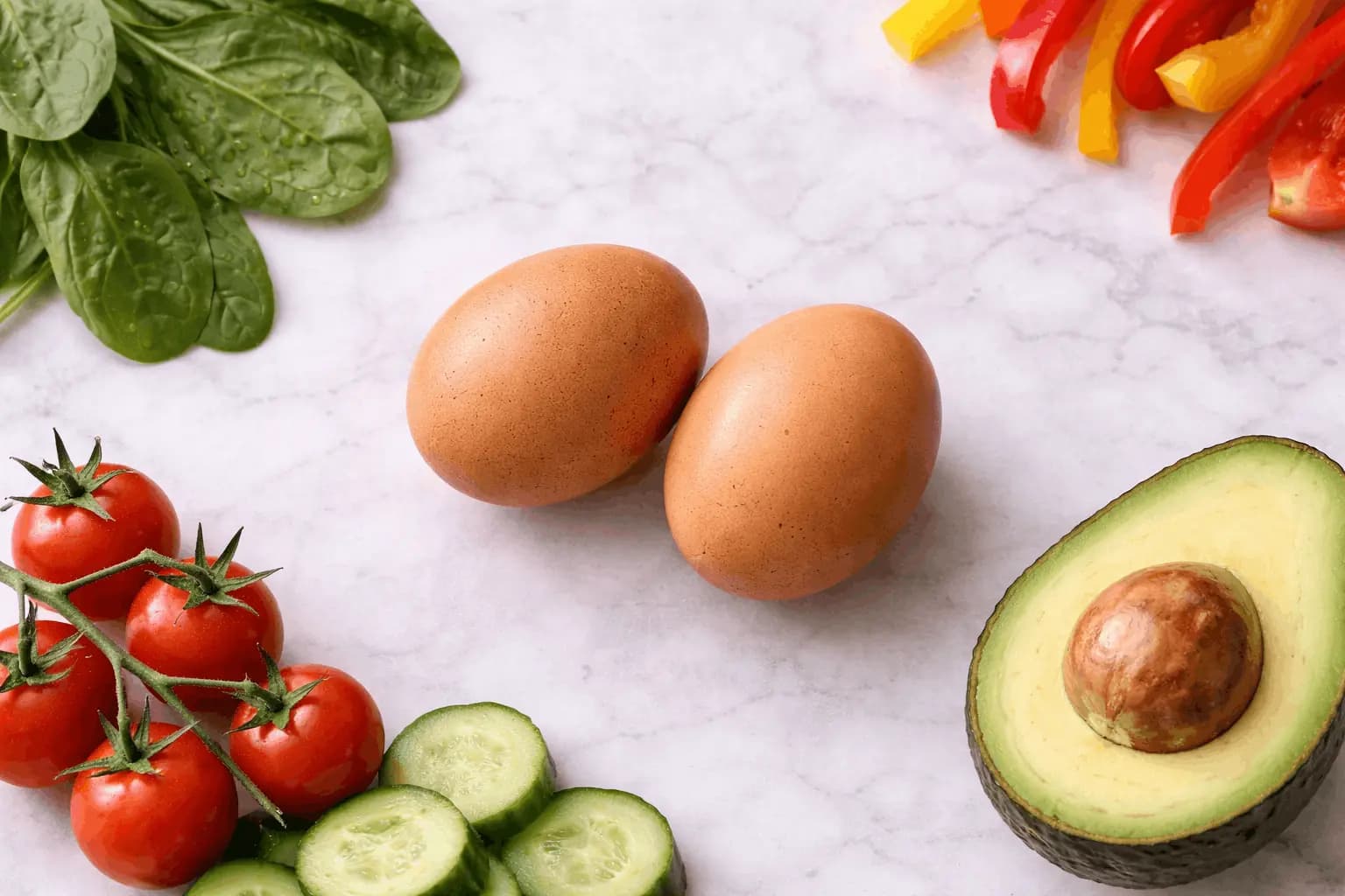 Brown eggs with fresh vegetables including tomatoes, spinach, and avocado representing healthy balanced nutrition
