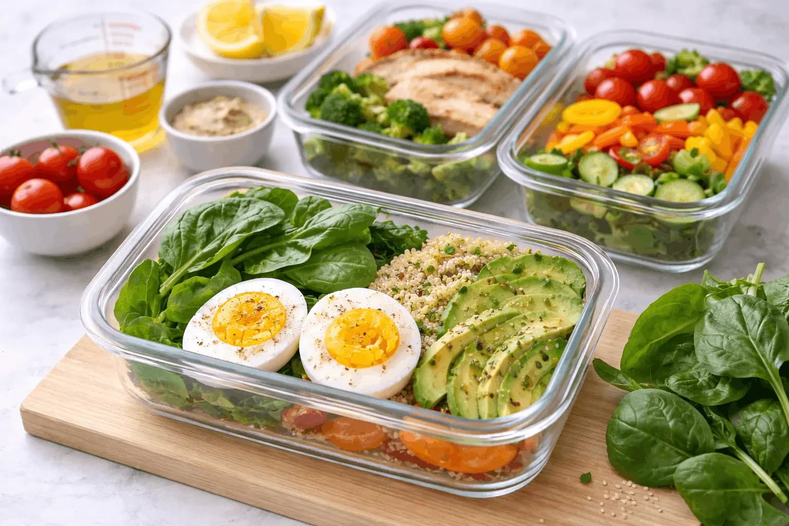 Healthy weight loss meal prep with boiled eggs, vegetables and portion control containers
