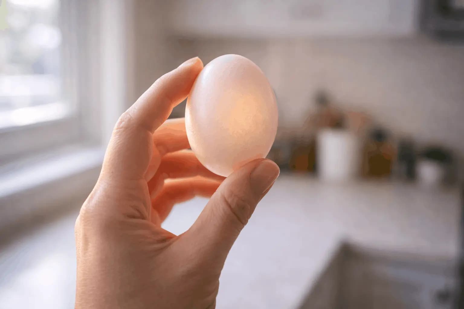 Person examining egg held up to light in kitchen checking if egg is fresh or bad