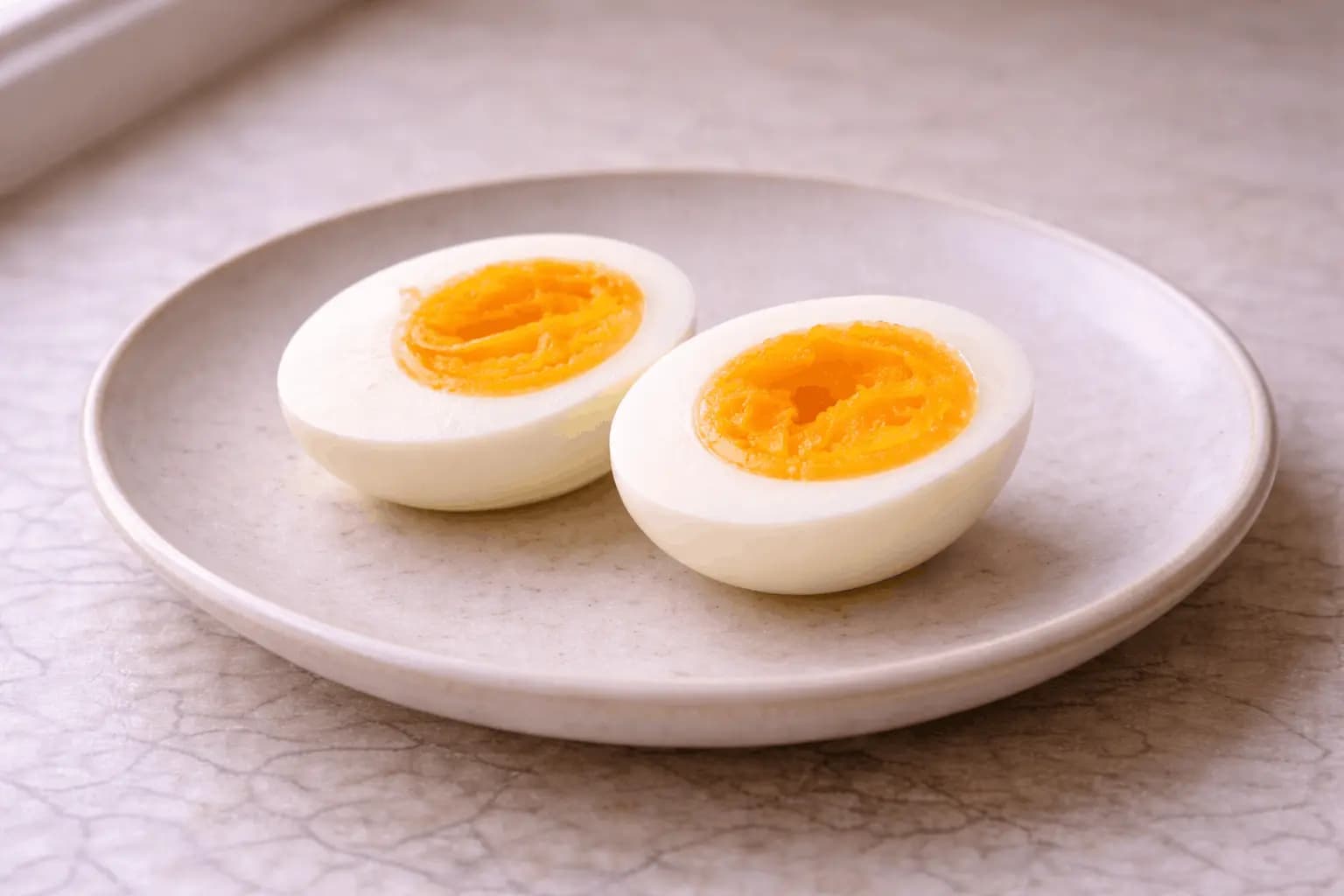 Jammy egg cut in half showing a thick, custardy yolk
