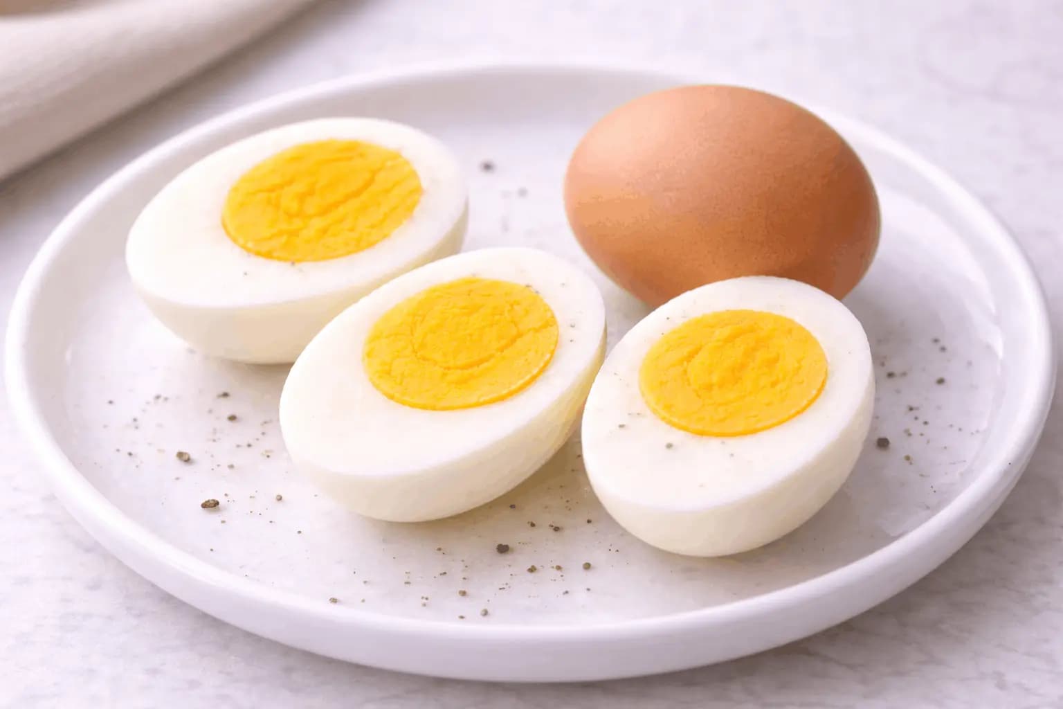 Perfect hard-boiled eggs cut in half showing bright yellow firm yolk with no green ring and fully set whites