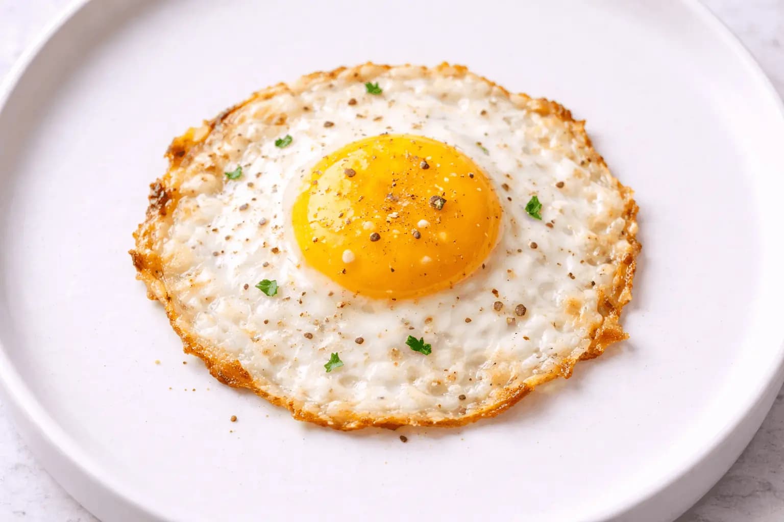 Perfect sunny side up egg with bright glossy yolk on top and fully cooked whites on white plate