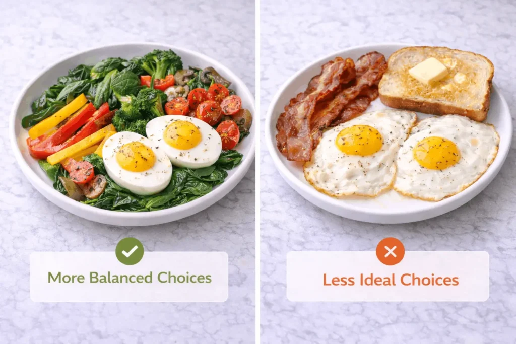 Side by side comparison of anti-inflammatory egg meal with vegetables versus inflammatory breakfast with processed meats