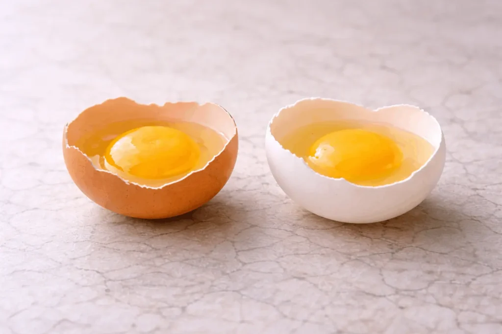 Brown egg and white egg cracked open showing identical yolks and whites