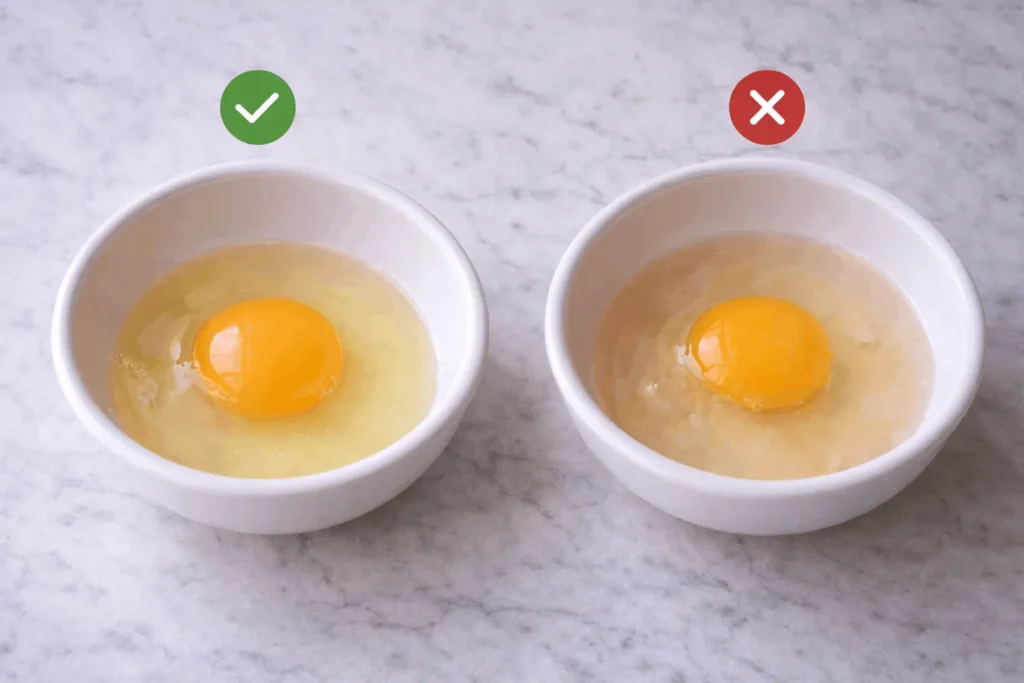 Comparison of normal fresh egg versus spoiled egg cracked into bowls showing visual differences for safety inspection