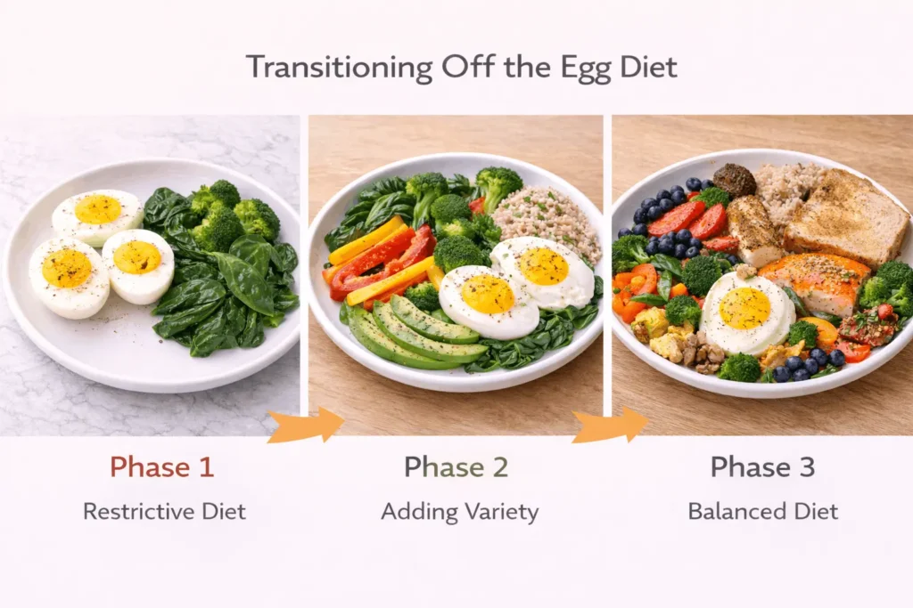 Progressive food reintroduction guide showing phases to safely transition from egg diet to balanced eating