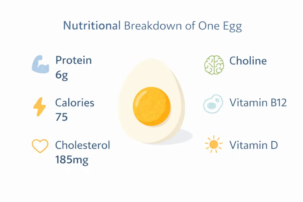 Nutritional infographic showing protein, calories, choline, vitamins and minerals in one egg