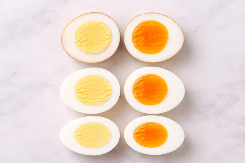 Four eggs cut in half showing brown and white shells with both pale and deep orange yolks proving shell color does not determine yolk color