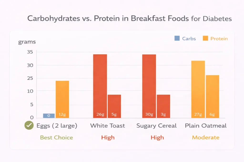 Bar chart comparing carbohydrate and protein content of eggs versus white toast, cereal and oatmeal for diabetes blood sugar impact