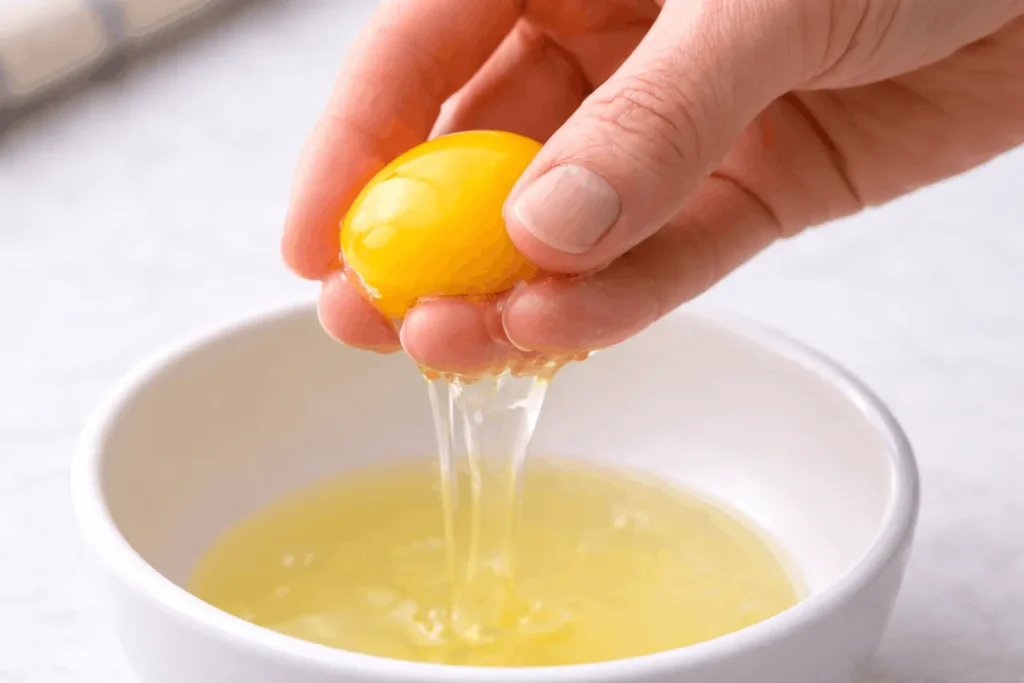 Séparer le blanc du jaune à la main : les doigts retiennent le jaune pendant que le blanc s'écoule dans le bol
