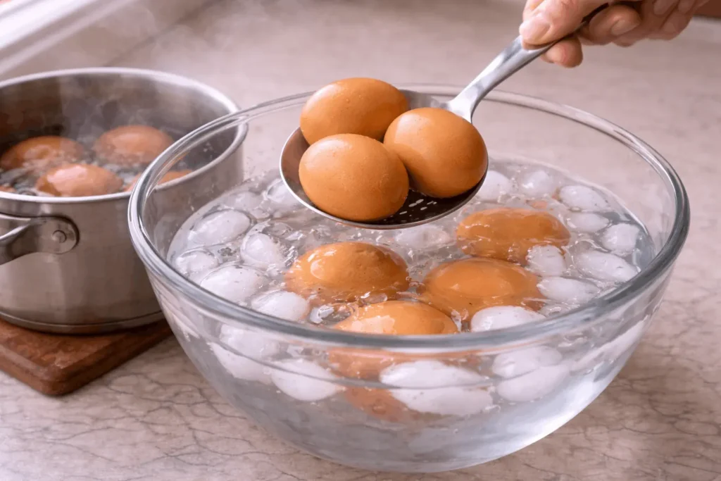 Eggs being cooked for jammy yolks during the boiling process